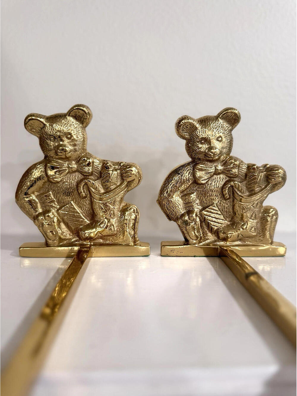 PAIR Solid Brass Teddy Bear Christmas Stocking Holders Hanger Long Arm Hook, two